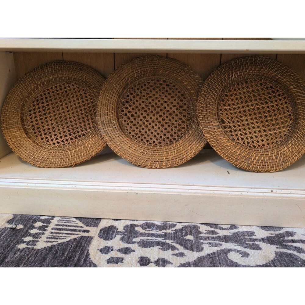Lot of 3 - Round 13.5" Woven Rattan Wicker Plate Chargers Natural Fiber - Dining